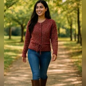JACOB Burgandy Red Mohair blend Tweed Belted Sweater Pockets SZ M   EUC